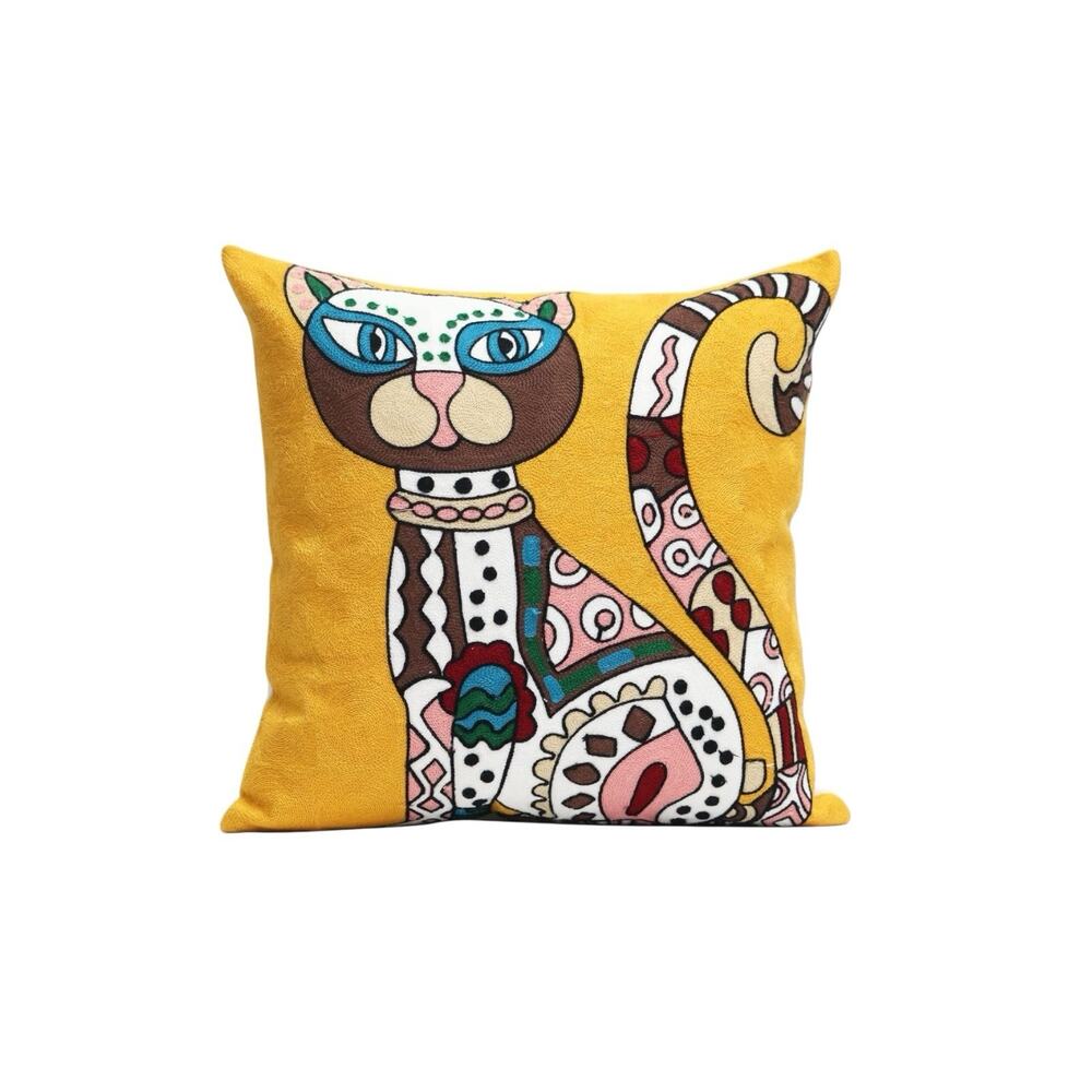 New Laurel Burch Inspired Abstract Cat Embroidered Throw Pillow 18x18